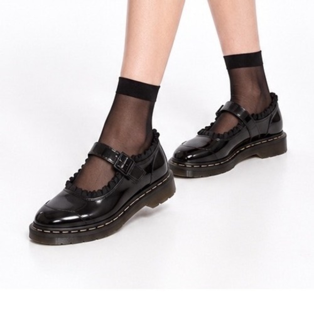 Dr. Martens Elphie Mary Jane Frill Black Leather Pointed Ruffle Shoe 10 116-13
